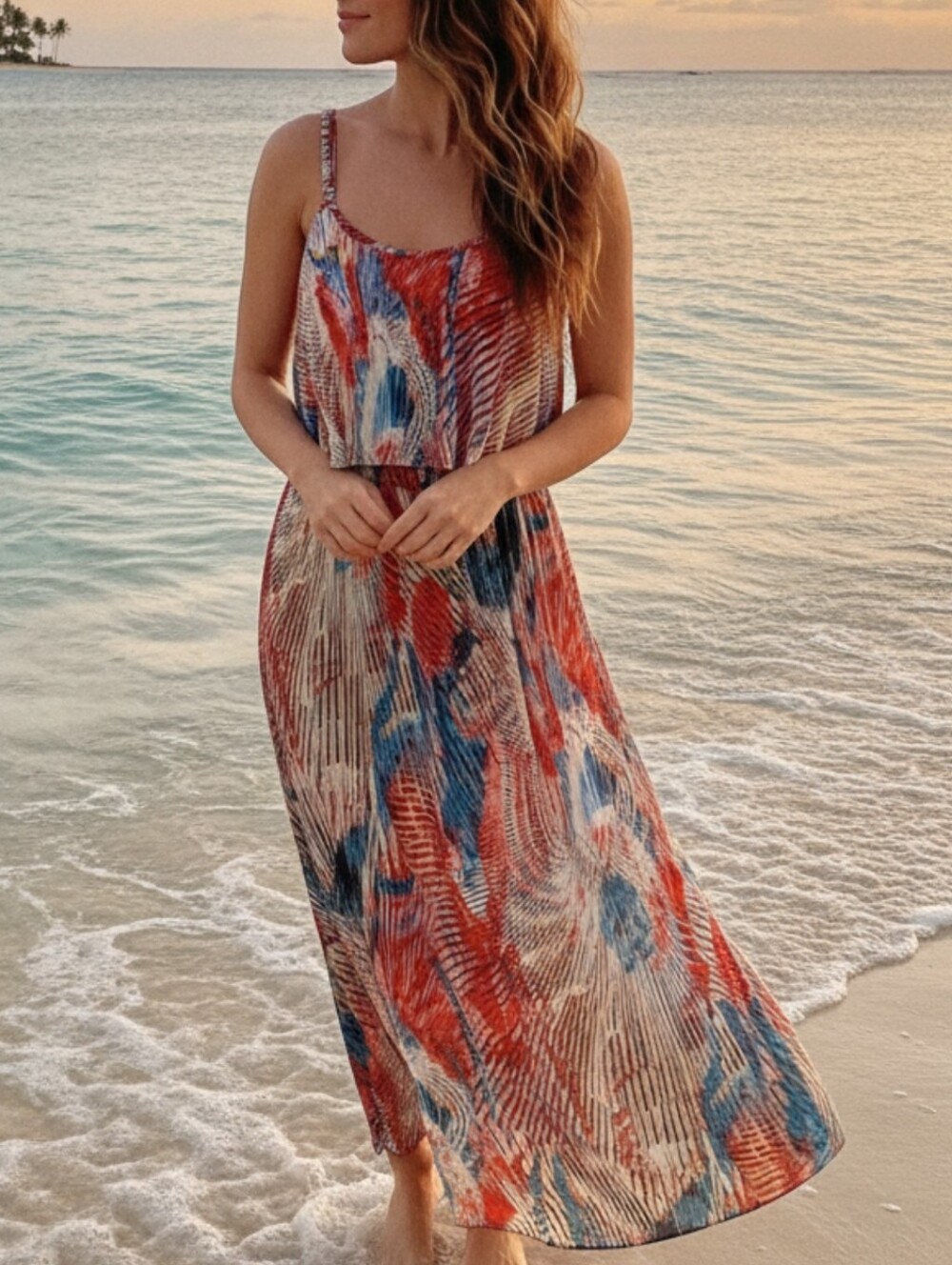 Permanent Pleated Abstract Print Maxi Dress - Sleeveless - Orange Blue Beige - L
